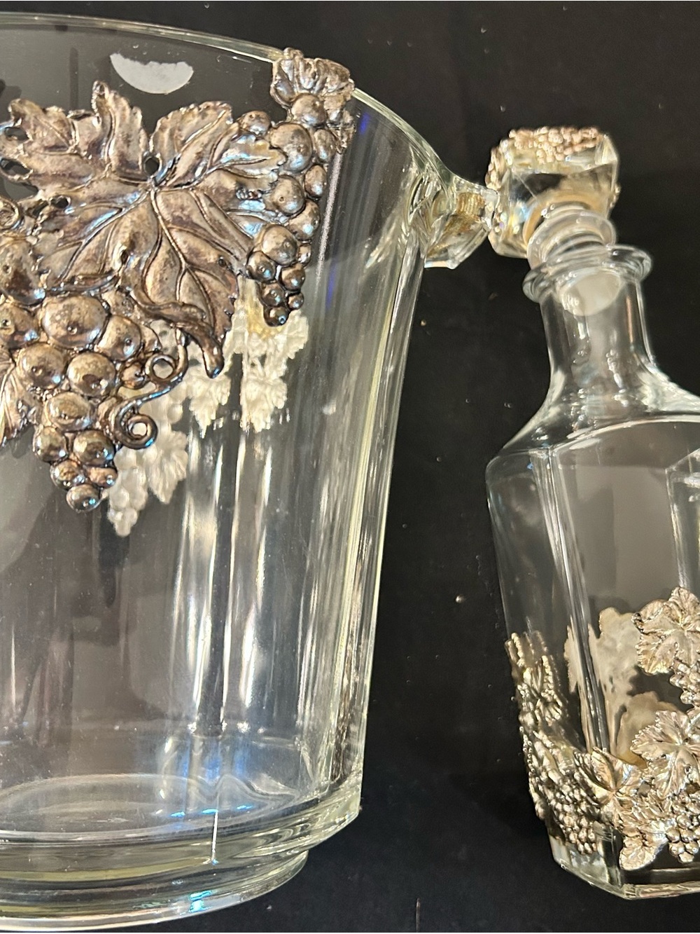 Arthur Court Clear Glass Ice Bucket and Decanter with Silver Grape Accents